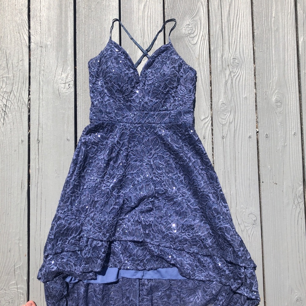 Jodi Kristopher Blue Lace High Low Dress